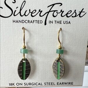 Silver Forest Green and Gold Leaf Earrings